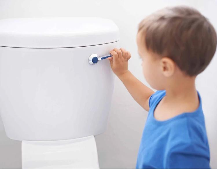 Little boy flushing the toilet after a successful potty training session.