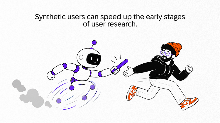 Illustration of an AI robot rapidly handing a relay baton to a human UX designer, showing how synthetic users can speed up the early stages of UX research before human researchers should continue the work.