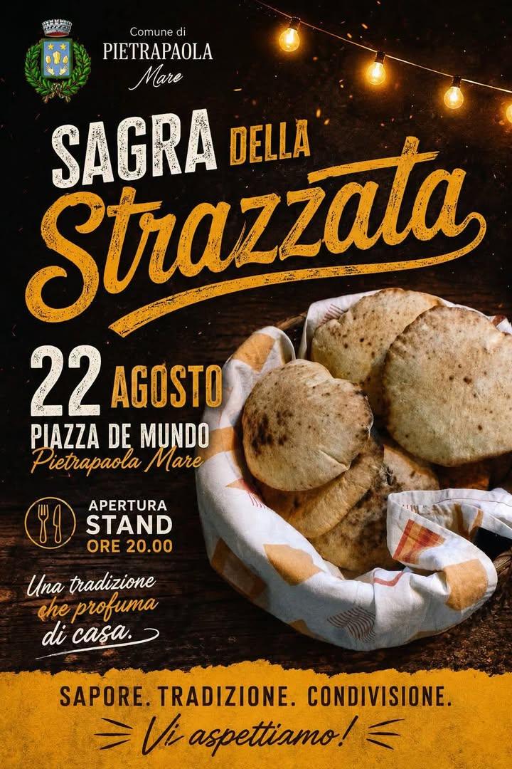 La Sagra della Strazzata si terrà il 22 agosto in Piazza De Mundo a Pietrapaola Mare. 🥳 Gli stand apriranno alle ore 20...