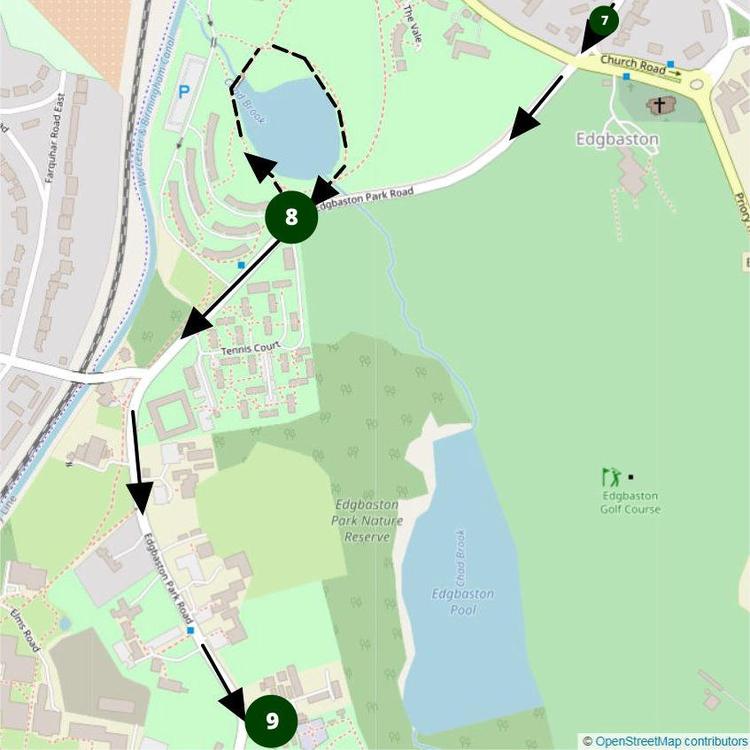 Part 8 of the Edgbaston Walk passed Birmingham University's The Vale, in Edgbaston Park with the Edgbaston Golf Course, tennis court and pool.