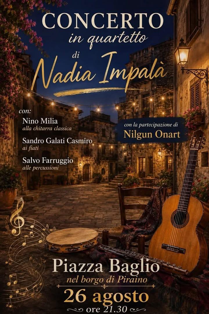 📌Vi aspettiamo questa sera, alle ore 21:30, in Piazza Baglio per il concerto in quartetto di Nadia Impalà. Una serata d...