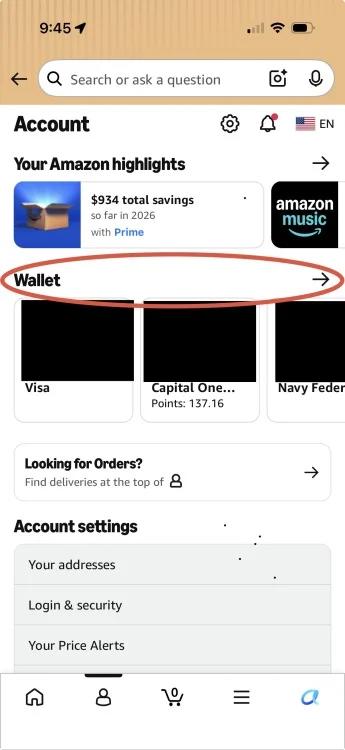 Wallet section of Amazon app highlighted with red circle
