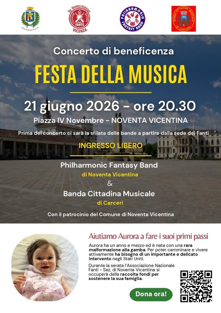 ✨ Festa della Musica 2026 – Concerto di Beneficenza 🎶 Domenica 21 giugno 2026, alle ore 20:30, la suggestiva Piazza IV...
