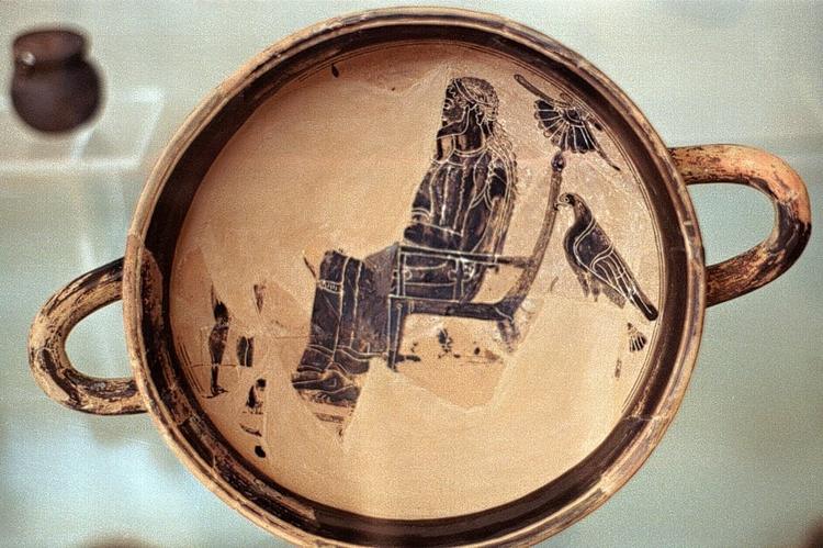 Zeus on throne with birds 
