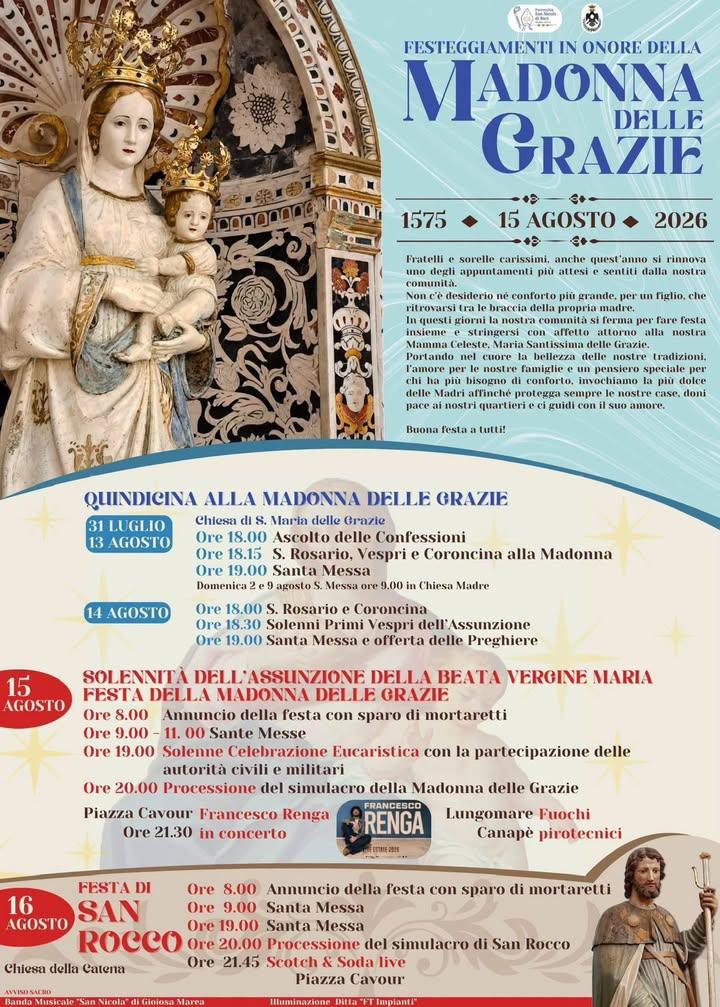 🌹 FESTEGGIAMENTI IN ONORE DELLA MADONNA DELLE GRAZIE 🌹 Dal 15 al 16 agosto 2026, viviamo insieme i giorni più attesi d...