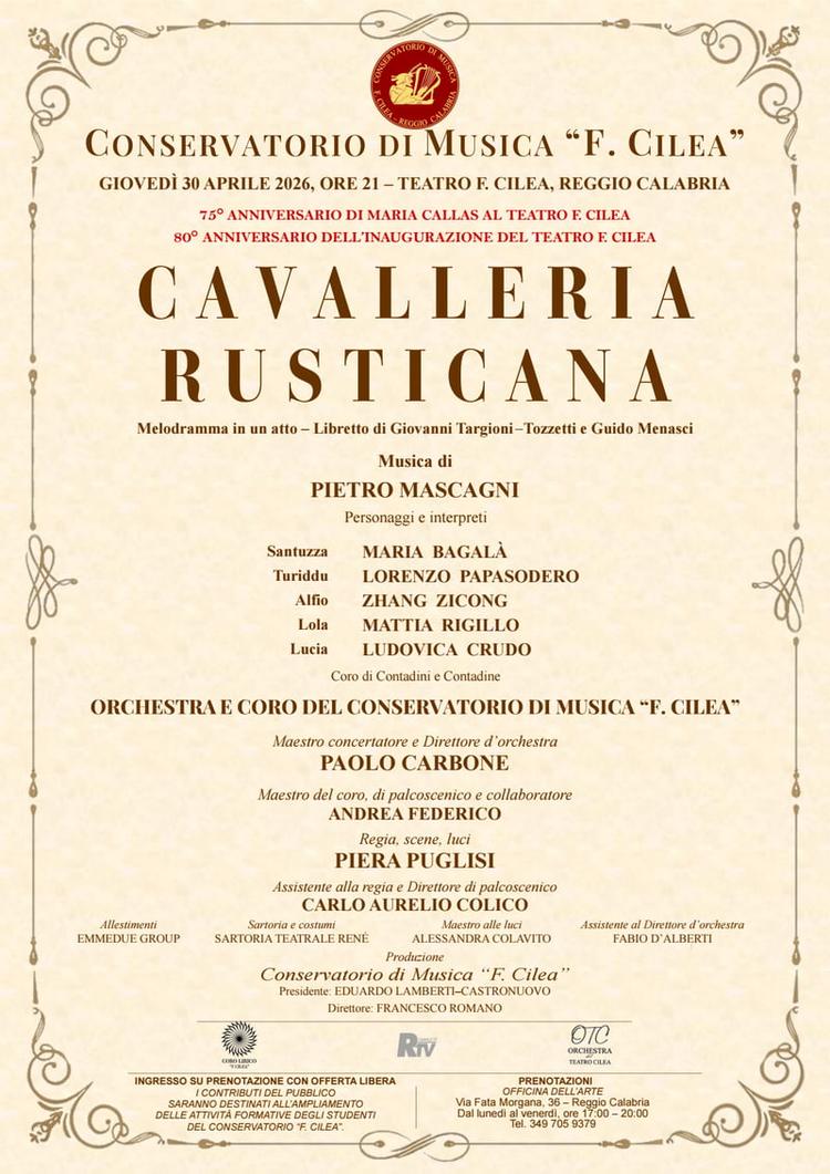 "Cavalleria rusticana" di Pietro Mascagni - 30 aprile 2026, ore 21:00, Teatro F. Cilea di Reggio Calabria