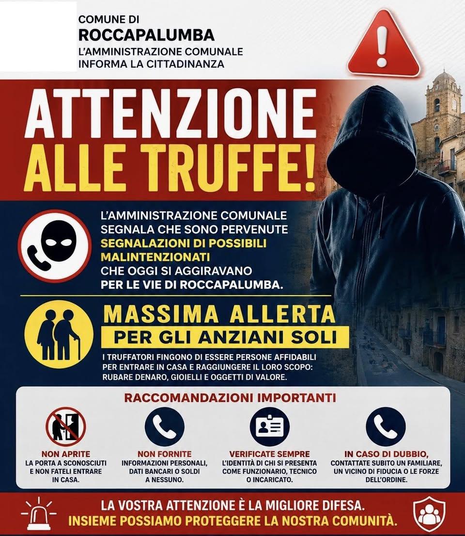 ⚠️ ATTENZIONE ALLE TRUFFE ⚠️ L’Amministrazione Comunale informa la cittadinanza che sono pervenute segnalazioni riguarda...