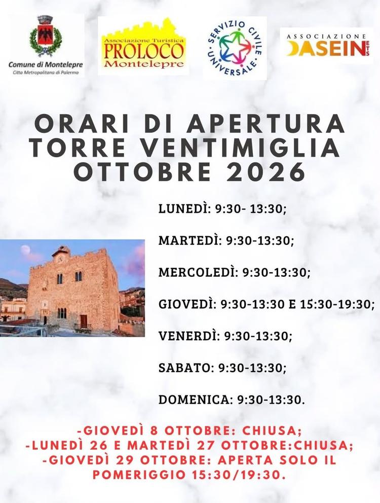 🏰 Torre Ventimiglia – Orari di Ottobre 2026 .  La Torre Ventimiglia riapre al pubblico!   ​⚠️ Variazioni:   ​Chiusa: Gi...