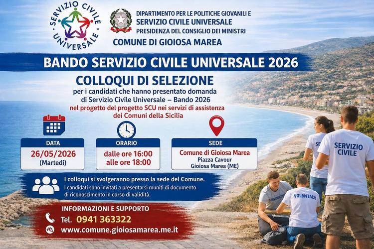 📢 AVVISO – COLLOQUI DI SELEZIONE SERVIZIO CIVILE UNIVERSALE 2026 Il Comune di Gioiosa Marea informa che sono stati pubb...