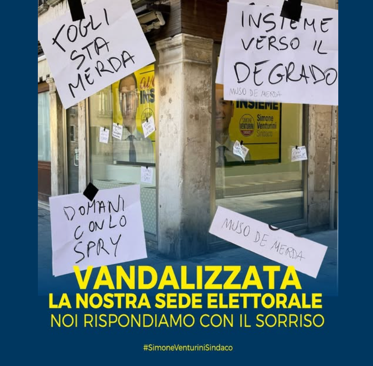 "Muso de m..."; "Insieme verso il degrado": vandalizzata la sede elettorale del candidato Venturini