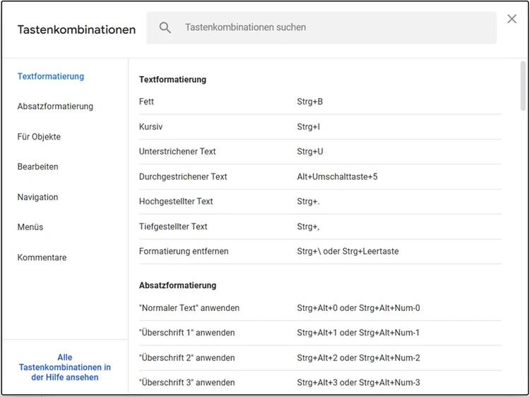 Tastenkombinationen für Textformatierung in Tabellen