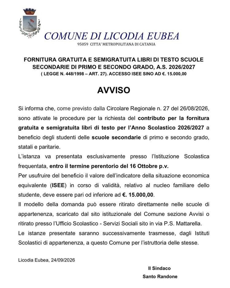 📣📚 AVVISO - FORNITURA GRATUITA E SEMIGRATUITA LIBRI DI TESTO SCUOLE SECONDARIE DI PRIMO E SECONDO GRADO, A.S. 2026/202...