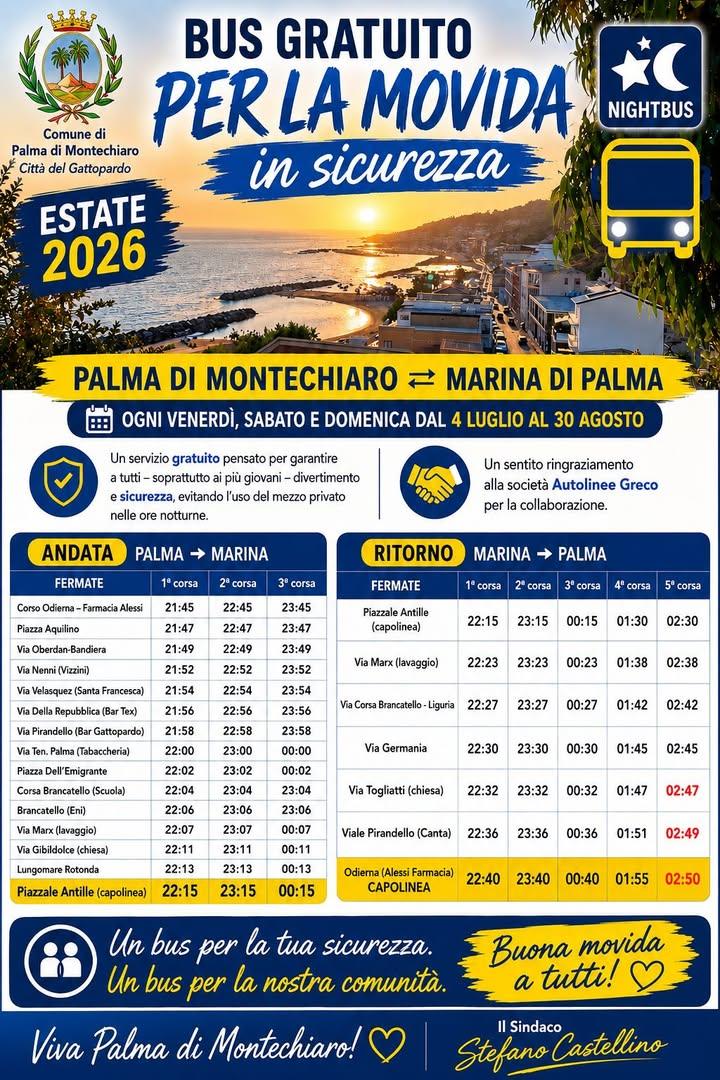 BUS GRATUITO PER LA MOVIDA – ESTATE 2026  Il Sindaco Stefano Castellino è felice di comunicare che anche per l'estate 20...