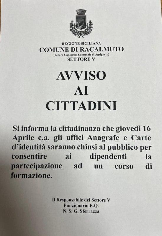 Si informa la cittadinanza che giovedì 16 Aprile c.a. gli uffici Anagrafe e Carte d’identità saranno chiusi al pubblico...