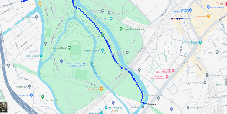 Part 1 of the 8km Olympic Stratford Walk up Greenway past the London Stadium, Acelor Mittal Orbit, and Olympic Bell