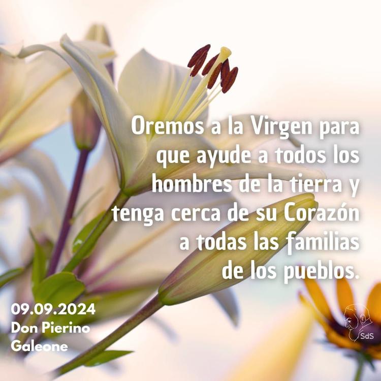 09.09.2024
Oremos a la Virgen para que ayude a todos los hombres de la tierra y tenga cerca de su Corazón a todas las familias de los pueblos.

Padre Pierino Galeone