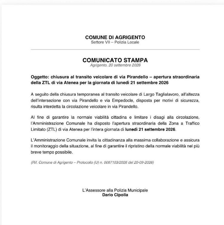 Si informa la cittadinanza che, a seguito della chiusura temporanea al transito veicolare di Largo Taglialavoro -, all’a...