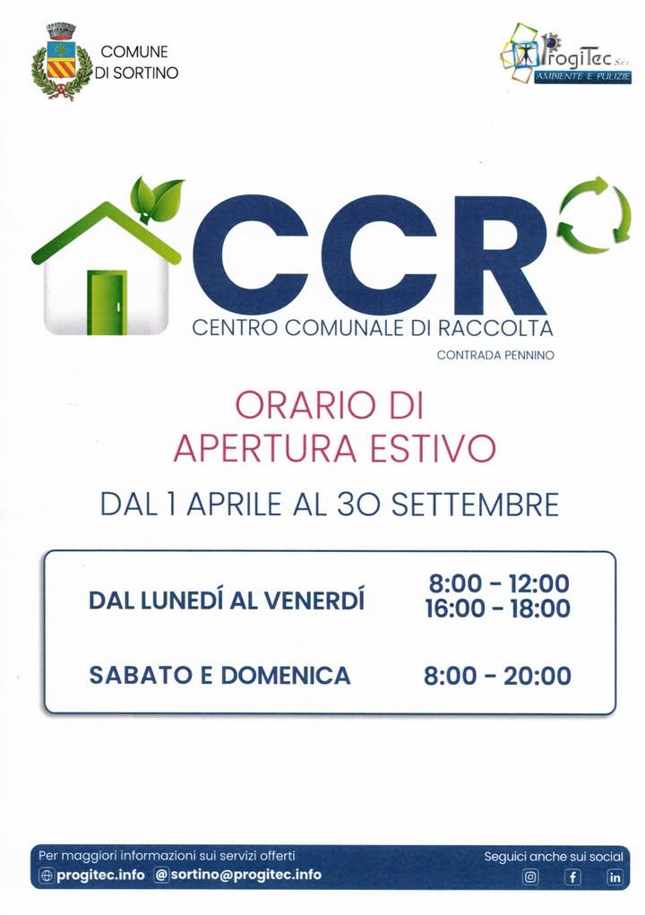 📢 🔊 📣 ENTRATA IN VIGORE DELL' ORARIO ESTIVO PRESSO IL CCR DI CONTRADA PENNINO DA MERCOLEDI' 1 APRILE 2026 A MERCOLEDI...