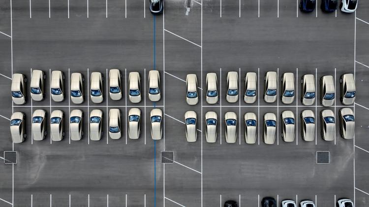 Tesla Cybercabs lined up at Giga Texas in Austin, on Apr. 8, 2026.