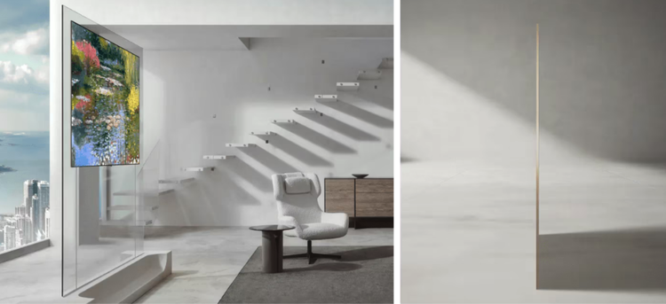 Collage featuring LG W6 Wallpaper TV hanging in transparent mount in living room beside side view of LG W6 Wallpaper