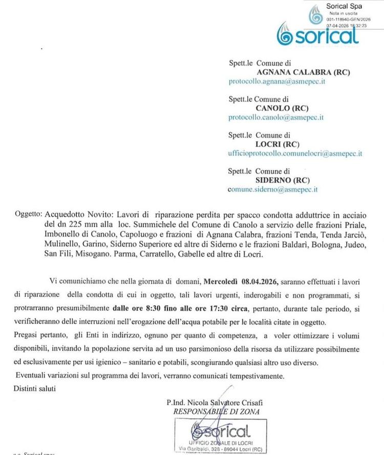 🔴 COMUNICAZIONE Sorical per mercoledì 08 aprile 2026