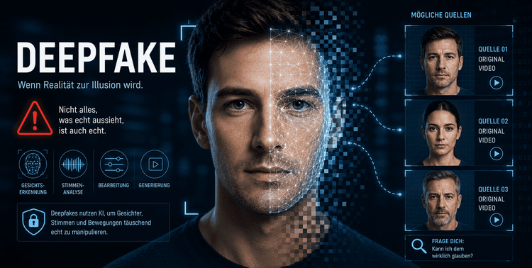  Deepfake - Mann mit unterschiedlichen Quellen zur Gesichtserkennung, Stimme, Bearbeitung, Generierung