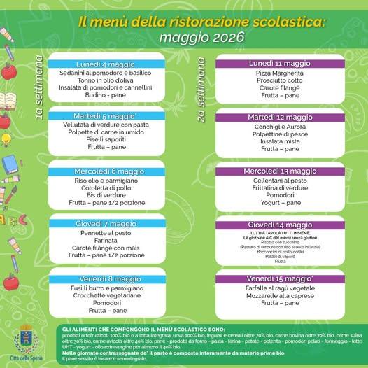 🏫 Menù della ristorazione scolastica: maggio 2026 🍲 Il menù è valido per tutte le scuole statali, dell’infanzia, prima...