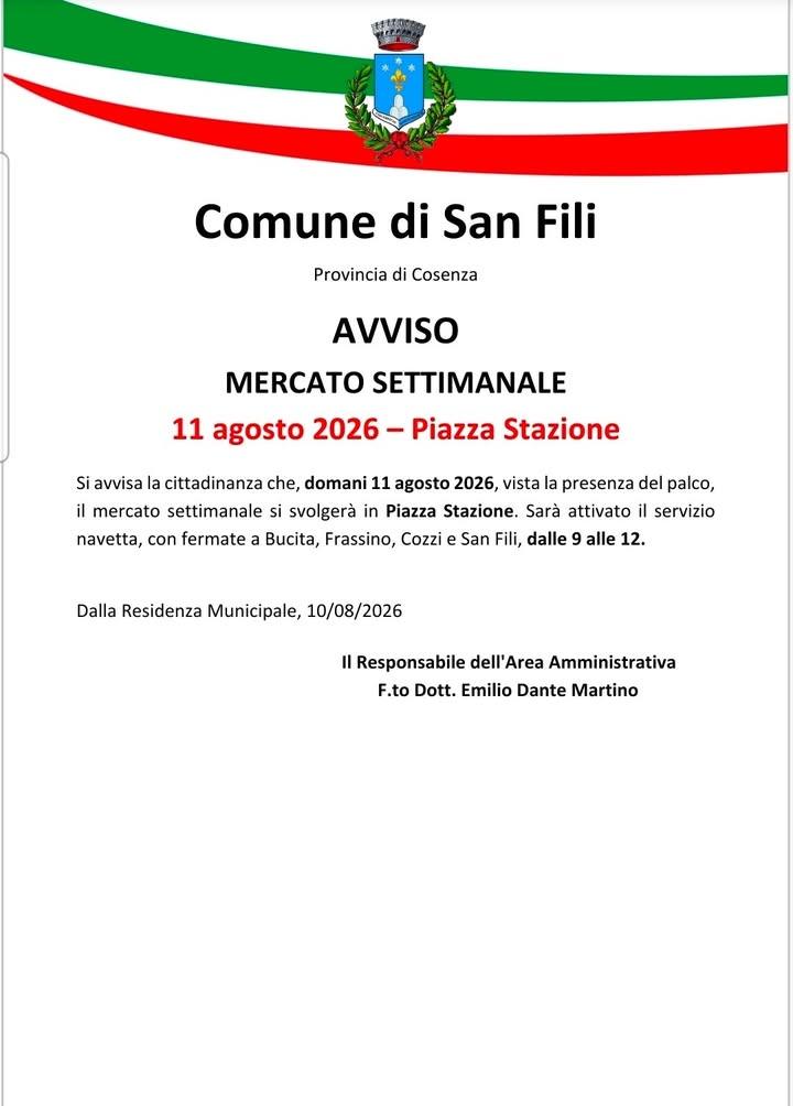 𝐀𝐯𝐯𝐢𝐬𝐨 - 𝐌𝐞𝐫𝐜𝐚𝐭𝐨 𝐬𝐞𝐭𝐭𝐢𝐦𝐚𝐧𝐚𝐥𝐞 Si comunica che domani il mercato si svolgerà eccezionalmente press...