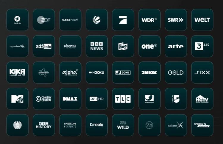 Übersicht verschiedener TV-Sender-Logos auf dunklem Hintergrund