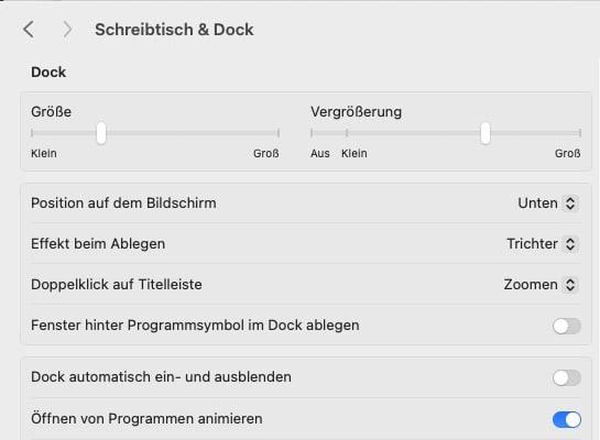 Einstellungen für Dock und Bildschirmgröße auf Mac