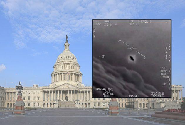 Standbild aus einem UFO-Video der US-Navy vor dem Hintergrund des US-Capitols. Copyright: US Gov, DoD, Naval Air Systems (edit: grewi.de)