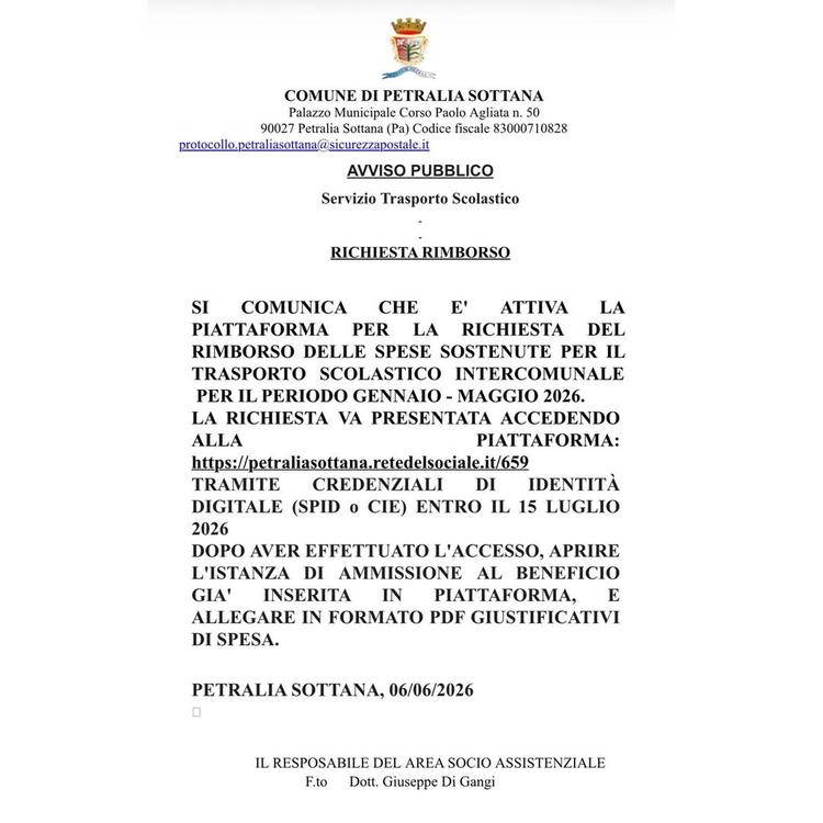 🚎 Avviso alla cittadinanza  Si comunica che è attiva la piattaforma per la richiesta del rimborso delle spese sostenute...