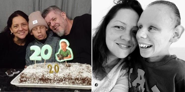 Duas fotos juntas. Na imagem da esquerda, colorida, a família de Murilo no seu aniversário de 20 anos. Na imagem da direita, em preto e branco, Luciana ao lado de Murilo