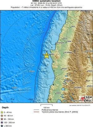 Terremoto de magnitude 5,8 atinge região de Bio-Bio, no Chile