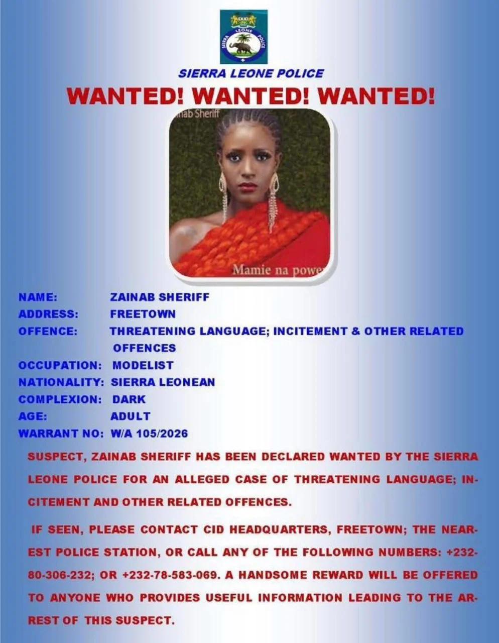 SIERRA LEONE POLICE DECLARE ZAINAB SHERIFF WANTED