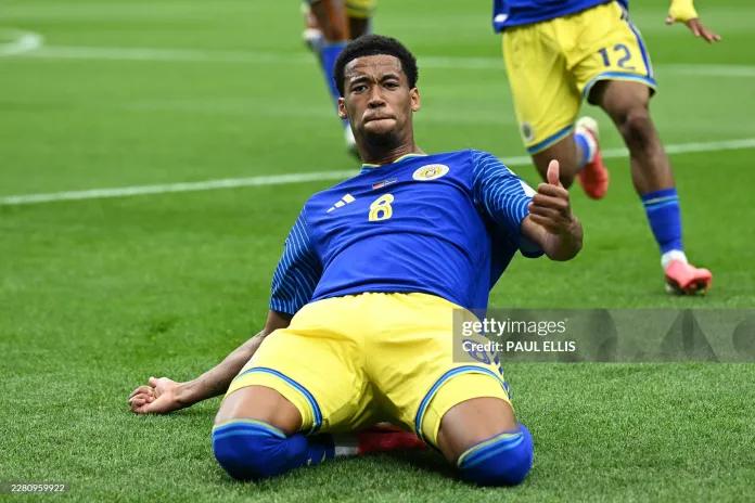 Curacao's midfielder #08 Livano Comenencia celebrates after scoring a goal during the 2026 World Cup Group E football match between Germany and Curacao at the Houston Stadium in Houston on June 14, 2026