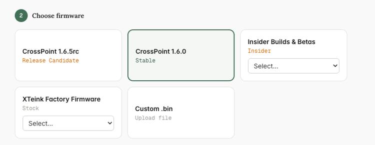The firmware choices on CrossPoint Reader