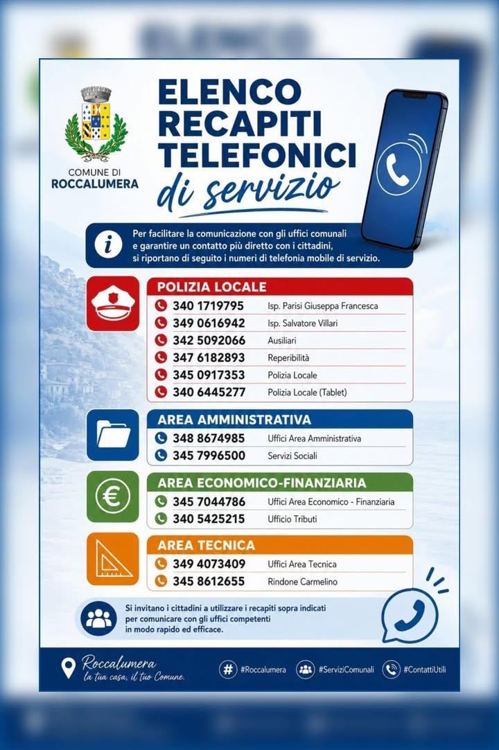 📱𝗘𝗟𝗘𝗡𝗖𝗢 𝗥𝗘𝗖𝗔𝗣𝗜𝗧𝗜 𝗧𝗘𝗟𝗘𝗙𝗢𝗡𝗜𝗖𝗜 𝗗𝗜 𝗦𝗘𝗥𝗩𝗜𝗭𝗜𝗢 Al fine di facilitare la cittadinanza e garan...