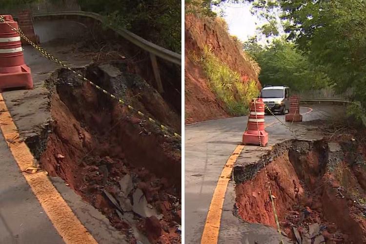 Trecho de estrada entre Lagoinha e Pindamonhangaba fica em meia pista após desmoronamento