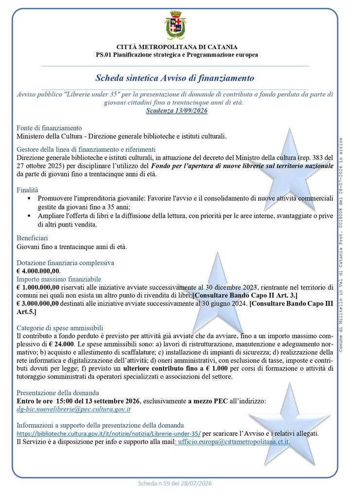 Avviso pubblico "Librerie under 35" per la presentazione di domande di contributo a fondo perduto da parte di giovani ci...