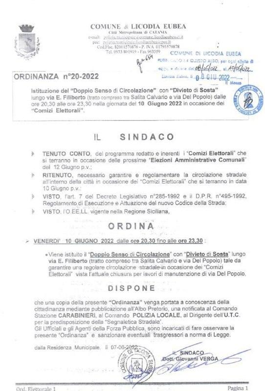 ISTITUZIONE DEL "DOPPIO SENSO DI CIRCOLAZIONE" CON "DIVIETO DI SOSTA" LUNGO VIA E.FILIBERTO (TRATTO COMPRESO TRA SALITA...