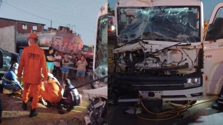 Funcionário da Águas de Teresina fica preso às ferragens após acidente com caminhão da empresa e caminhão-baú no Piauí