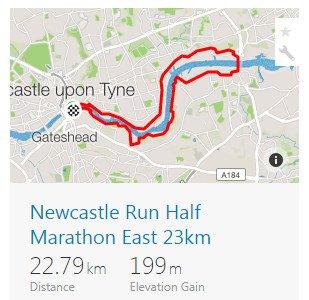 Route overview of the Newcastle Run River Tyne Half Marathon East (23km)