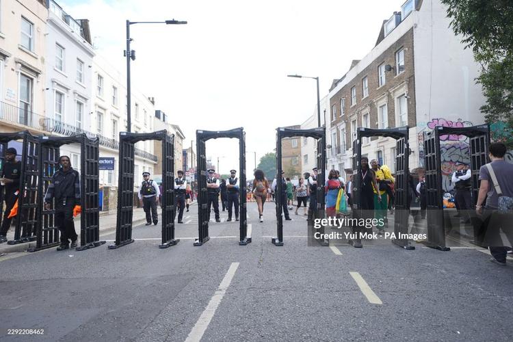Portable walk through metal detectors set up for use during the the Notting Hill Carnival in London on Sunday August 30, 2026