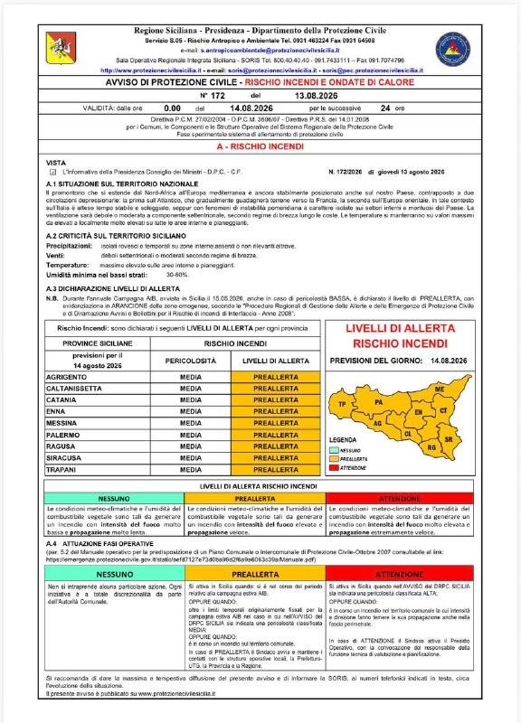 Venerdi 14.08.2026. Pericolosità incendi MEDIA su tutte le province , con dichiarato LIVELLO DI PREALLERTA RISCHIO INCEN...