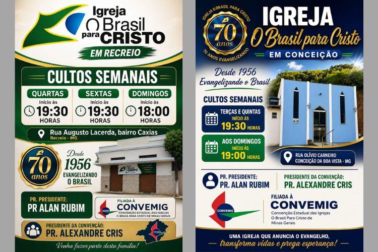 Igreja “O Brasil para Cristo”: confira dias e horários dos cultos em Recreio e Conceição da Boa Vista