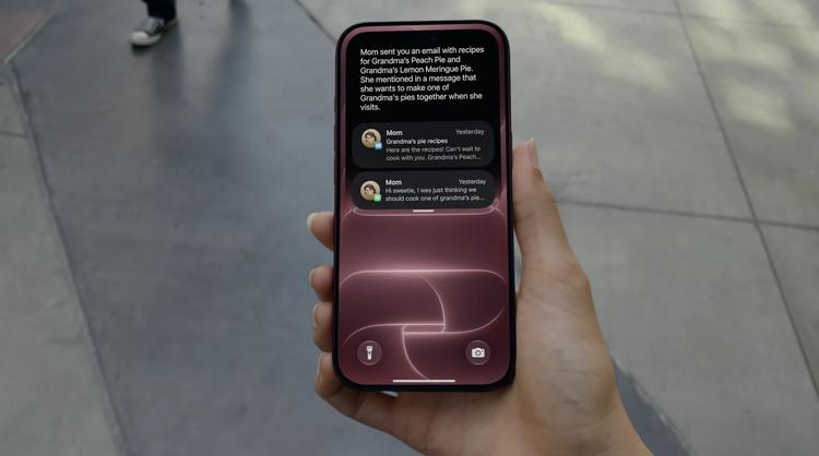 A hand holds the new iPhone 18, which shows a Siri pop-up window summarizing a text message.
