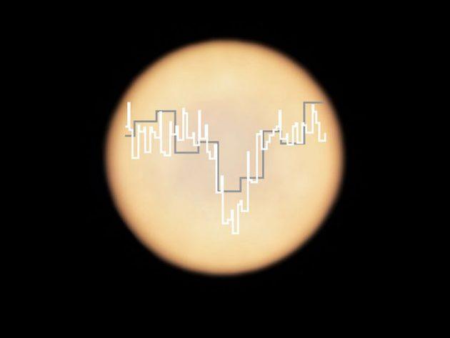 Die beiden überlagerten Phosphin-Spektren, die mit ALMA (in weiß) und dem James Clerk Maxwell-Teleskop (JCMT; in grau) gemessen wurden, vor dem Hintergrund einer mit ALMA angerfertigten Realaufnahme der Venus. Copyright: ALMA (ESO/NAOJ/NRAO), Greaves et al. & JCMT (East Asian Observatory)