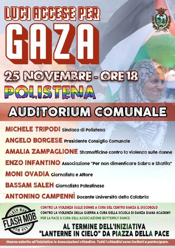 La manifestazione LUCI ACCESE PER GAZA si svolgerà in Auditorium Comunale alle ore 18