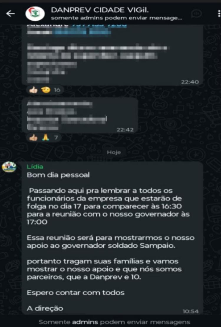 Empresa alvo da Justiça convocou funcionários de folga por WhatsApp para ato com Sampaio em Roraima
